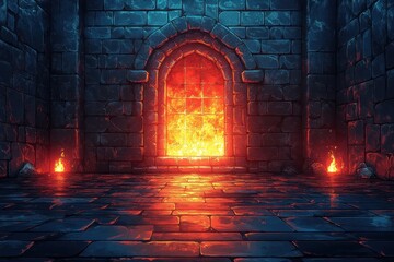 Pixelated Dungeon Chamber with Glowing Runes and Flickering Torches - Vintage 8-Bit Fantasy Scene in Dark Tones