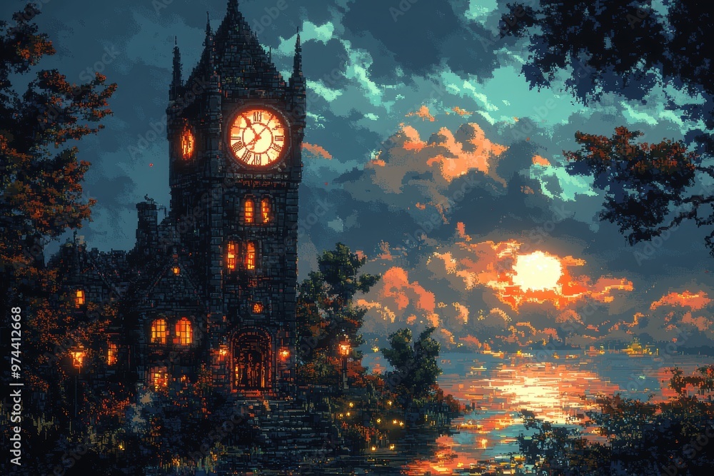 Poster retro pixelated clock tower exuding warm minimalist vibes with flickering lights in 16-bit style
