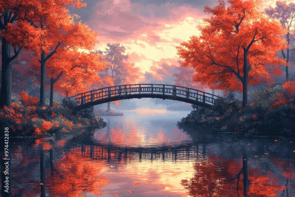 Aufkleber retro pixelated bridge over forest river in warm 16-bit tones - nostalgic simplicity