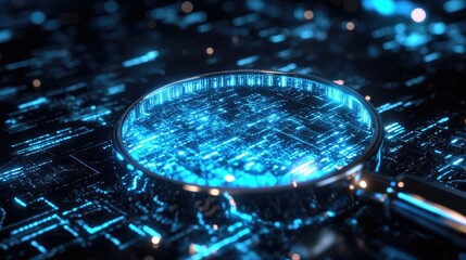 A magnifying glass hovers over a glowing digital network, symbolizing data analysis, cybersecurity, and deep examination of technology systems.