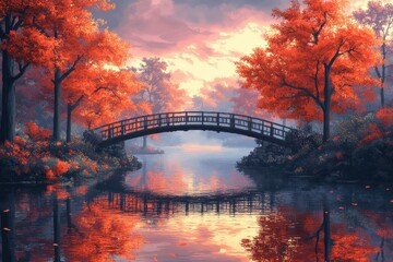 Naklejka premium Retro Pixelated Bridge Over Forest River in Warm 16-Bit Tones - Nostalgic Simplicity