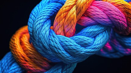 A detailed close-up of a braided rope in vivid blue, pink, and orange colors, showcasing its intricate texture and strong interwoven strands.