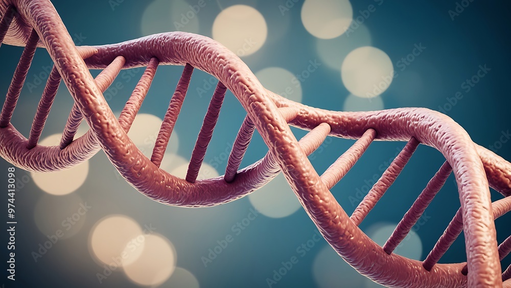 Poster intricate 3d rendering of a dna double helix in reddish-brown, with a blue-green bokeh background, s