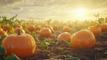 A scenic pumpkin patch glistens with morning dew as the sun rises, highlighting the vibrant orange pumpkins ready for harvest.