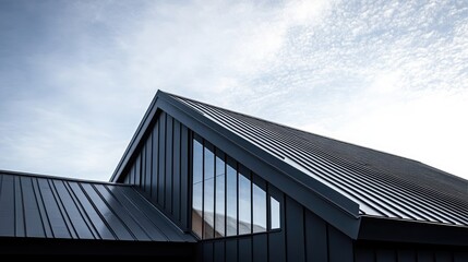 A sleek, angular metal roof of a modern building extends upward against a bright blue sky.