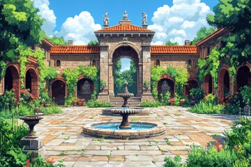 Fototapeta premium Retro Pixelated Castle Courtyard with Overgrown Vines and Statues in Earthy Hues - 16-Bit Medieval Design