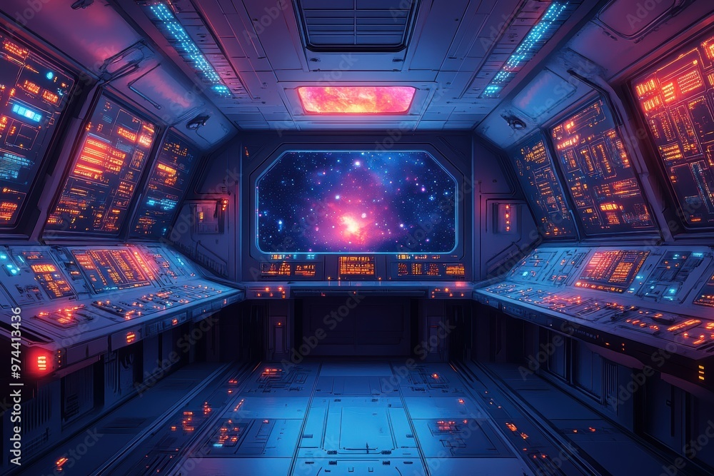 Aufkleber retro sci-fi control center with pixelated screens and glowing panels amid distant planets in 16-bit