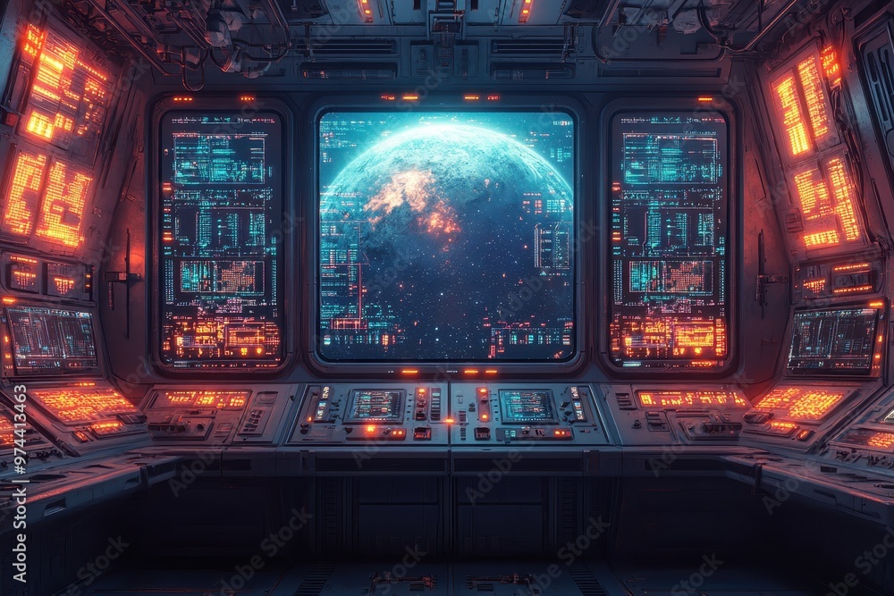 Poster retro sci-fi space station control room with pixelated screens and glowing panels in 16-bit style
