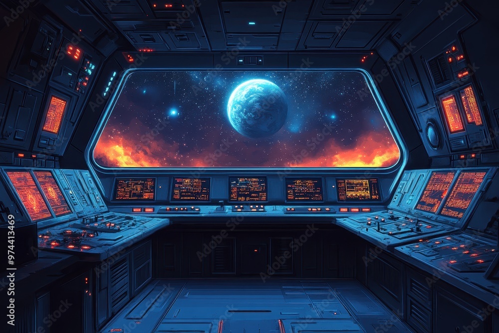 Poster retro sci-fi space station control room with pixelated screens and distant planets in 16-bit style