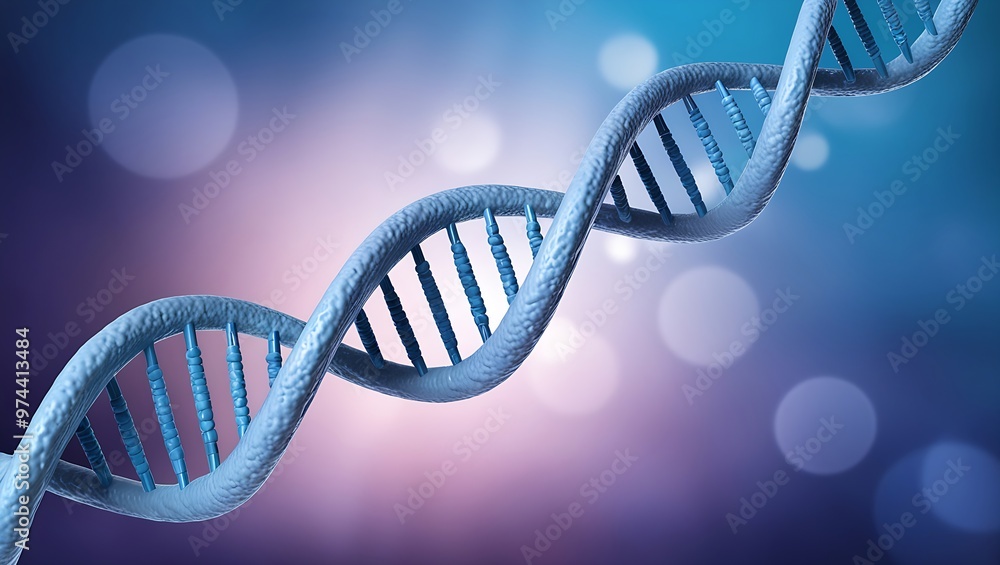 Poster detailed 3d close-up of a reddish-brown dna double helix, with a blue-green gradient background and 