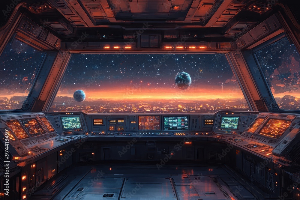 Poster retro sci-fi space station control room with pixelated screens and distant planets in 16-bit style