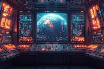 Retro Sci-Fi Space Station Control Room with Pixelated Screens and Glowing Panels in 16-Bit Style