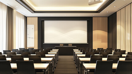 Empty Conference Room with Rows of Chairs and Large Presentation Screen