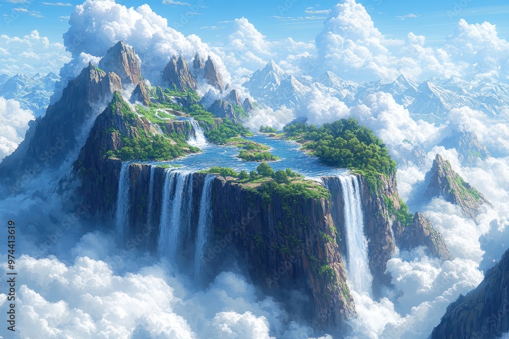 Poster enchanting 16-bit pixelated floating island with waterfalls and mountains in retro fantasy theme