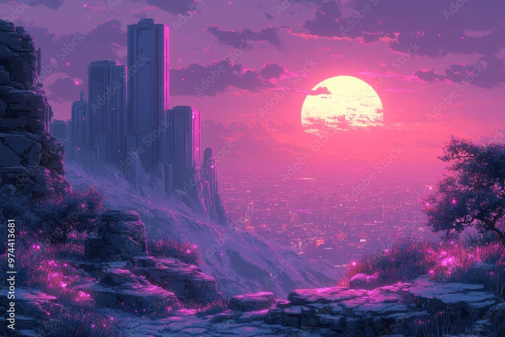 Poster retro pixelated alien planet landscape with glowing plants and floating rocks in 16-bit style with d