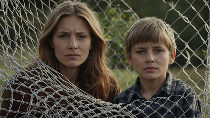 A woman and boy, possibly mother and son, stand close together behind a net, their faces showing determination and unity as illegal immigrants.