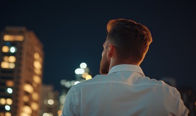 Young Man Gazes at a City Skyline While Reflecting on Life During a Clear Evening Night