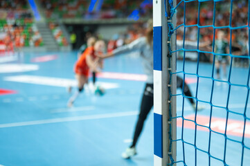 Detail of goalkeeper's hand  and handball game in the background.