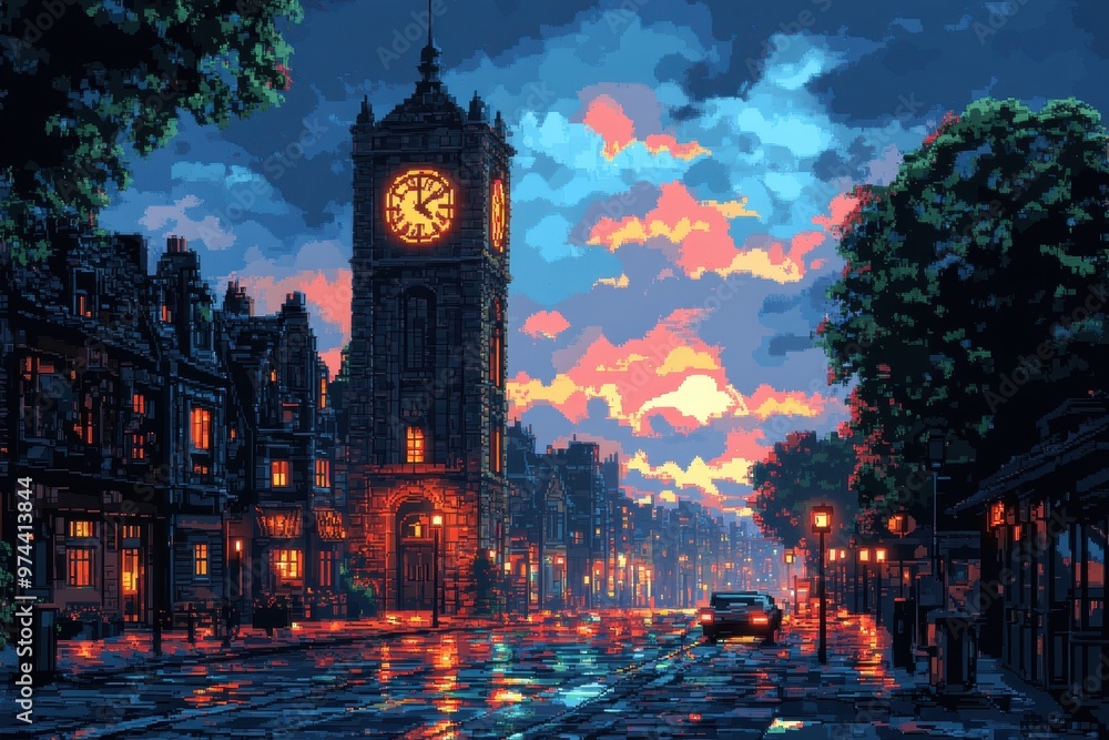 Poster retro pixelated clock tower with swinging pendulum and warm colors in 16-bit style