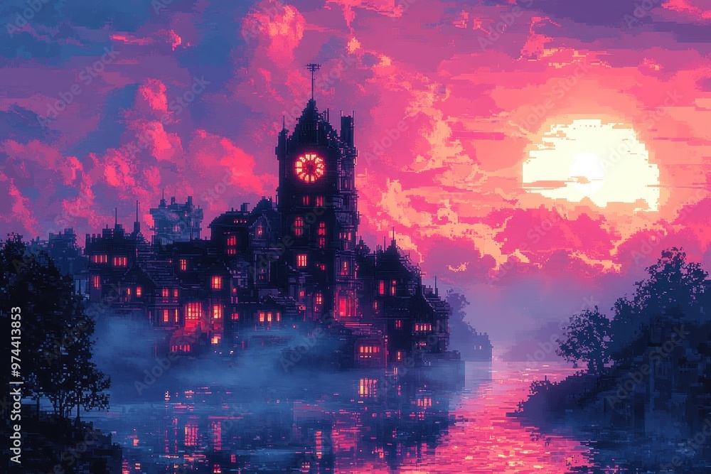 Poster retro clock tower with pixelated gears and swinging pendulum in warm 16-bit tones