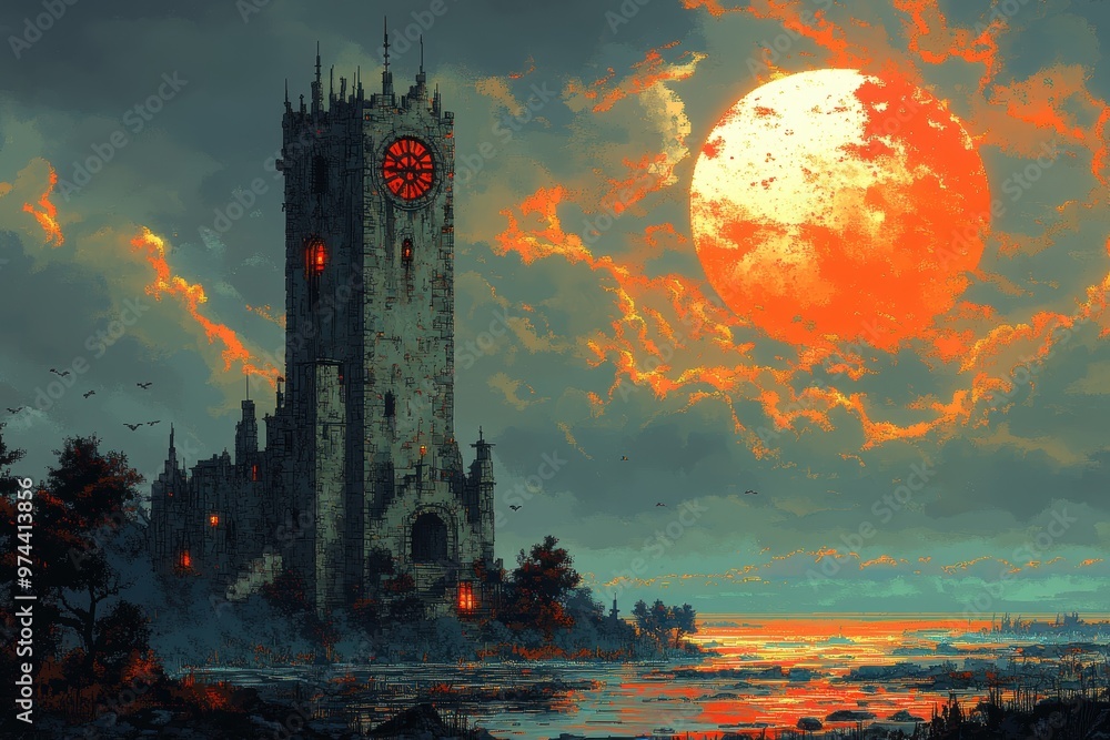 Poster retro 16-bit clock tower with pixelated gears and swinging pendulum in warm colors