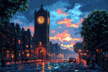 Retro Pixelated Clock Tower with Swinging Pendulum and Warm Colors in 16-Bit Style