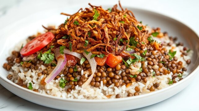 Egyptian koshari with rice, lentils, and crispy onions on a simple white plate, highlighting the traditional ingredients.