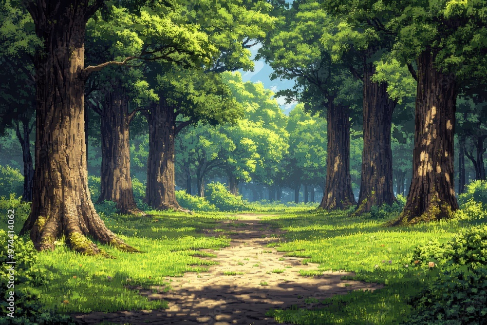 Poster 8-bit pixelated forest: retro minimalist landscape with towering trees and clear path in vibrant col
