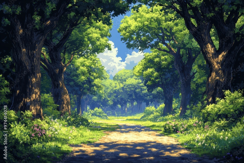 Poster retro pixelated forest scene with towering 8-bit trees and clear pathway in vibrant minimalist style