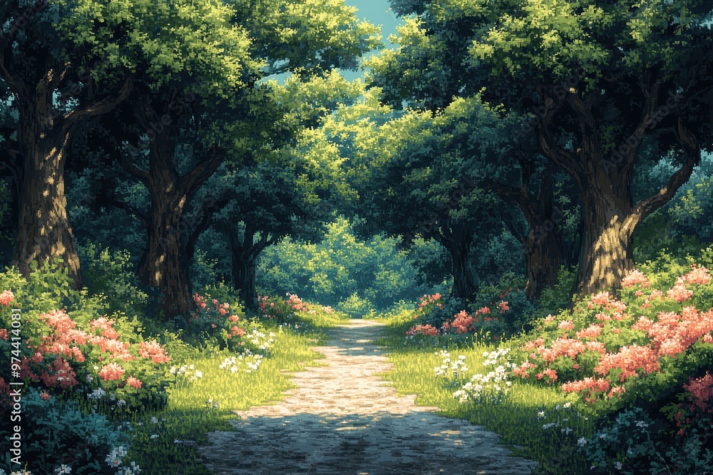 Poster digital wilderness adventure - 8-bit retro forest landscape with towering trees and clear path in vi