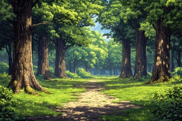 8-Bit Pixelated Forest: Retro Minimalist Landscape with Towering Trees and Clear Path in Vibrant Colors