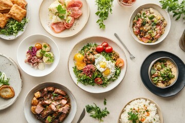 A vibrant spread of various dishes showcasing diverse ingredients and culinary styles.