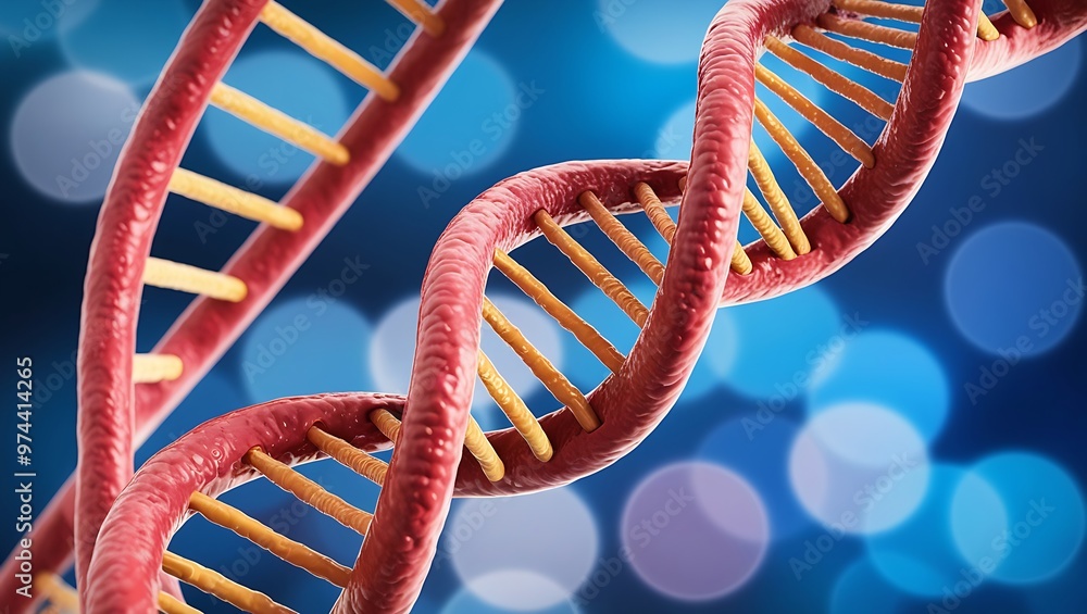 Poster close-up 3d rendering of a dna double helix in reddish-brown, set against a blue-green gradient with