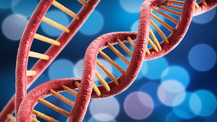 Close-up 3D rendering of a DNA double helix in reddish-brown, set against a blue-green gradient with bokeh effects, highlighting the intricate structure and twisted ladder shape.