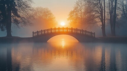 A bridge spanning a tranquil river at sunrise