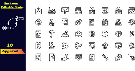 Editable stroke icon set for approval, featuring icons for acceptance, certification, thumbs up, agreement, approval, validation, approved seal, confirmation, and decision.