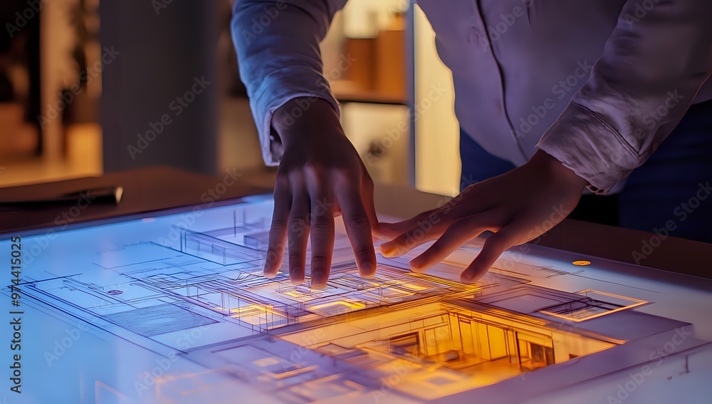 Poster architect's hands interacting with a glowing 3d model of a building design on a light table.