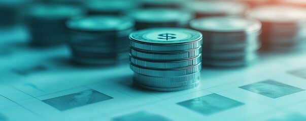 Close-up of stacked coins on a financial report, symbolizing wealth, investment, and economic analysis in a modern context.