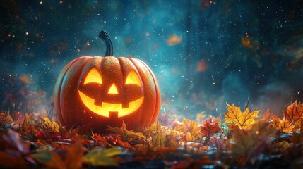 Obraz premium Friendly Glowing Pumpkin in Spooky Forest - Halloween 3D Cartoon with Autumn Leaves and Dark Sky for Seasonal Themes