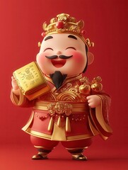 A cheerful cartoon character in royal attire, holding treasure, symbolizing fortune and happiness against a vibrant red background.