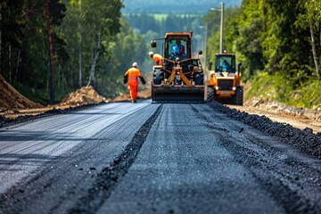 Workers and heavy machinery paving a new asphalt road through a forested area on a sunny day