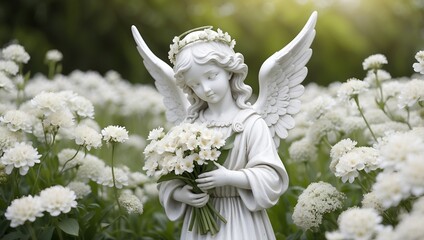 An angel statue holding a bouquet flowers, in the white flowers field