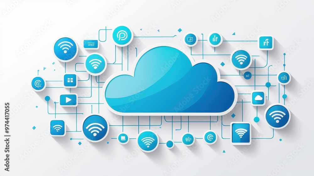Aufkleber a digital illustration of a cloud symbol surrounded by various connectivity icons representing techn