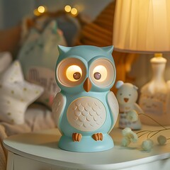 A blue owl nightlight with large eyes illuminates a bedside table.