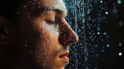 Man in the rain with water droplets on his face