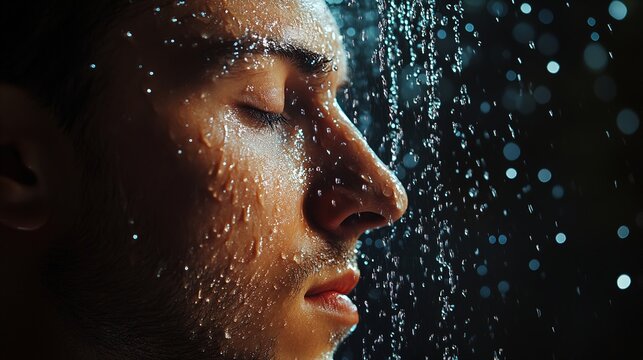 Man in the rain with water droplets on his face
