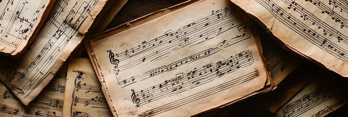 Flatlay vintage sheet music notes collection antique pages musical notes classical composition nostalgic heritage aged rustic artistic background retro melody creative arrangement timeless banner old