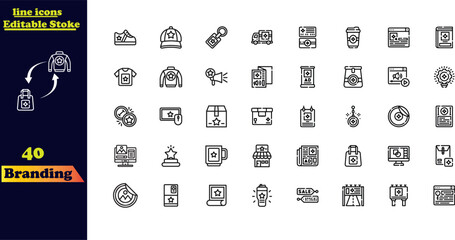 Branding icon set. Containing marketing, product, brand value, design, logo, brand development, social media, advertising and loyal customers icons.
