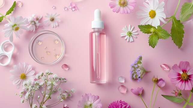 Bottles with lotion with archidea extract for the body and petri dishes with flowers on a pink background