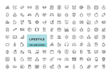 Lifestyle line icons set. Healthy lifestyle symbols. Happiness, diet, exercise, game, fitness, music, sleep, relationships and more, Editable Thin icon vector collections.